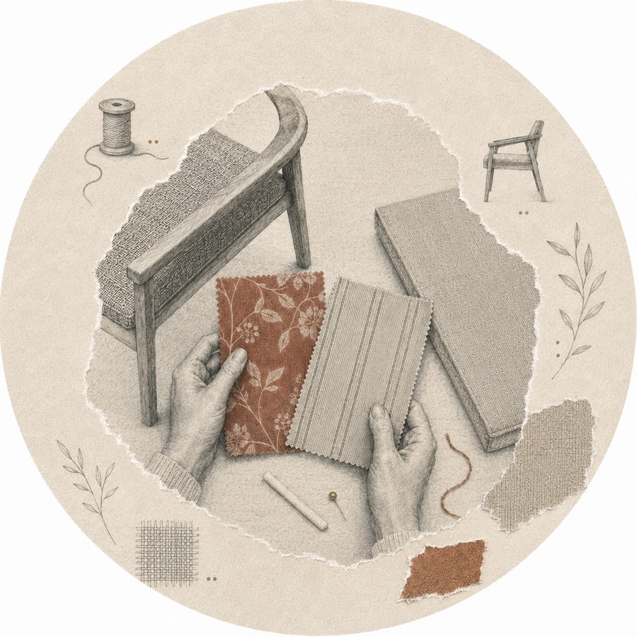 Hands comparing complementary upholstery fabrics beside a vintage chair and handmade dog bed