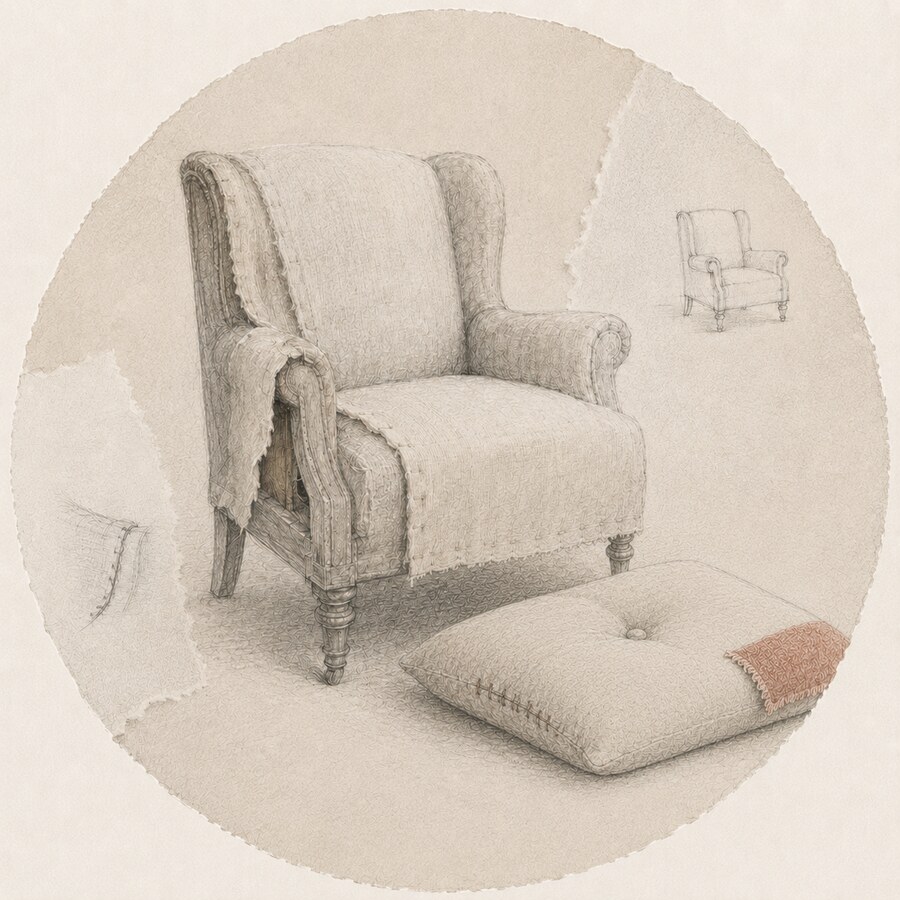 Vintage armchair being restored beside a handmade pillow-style dog bed